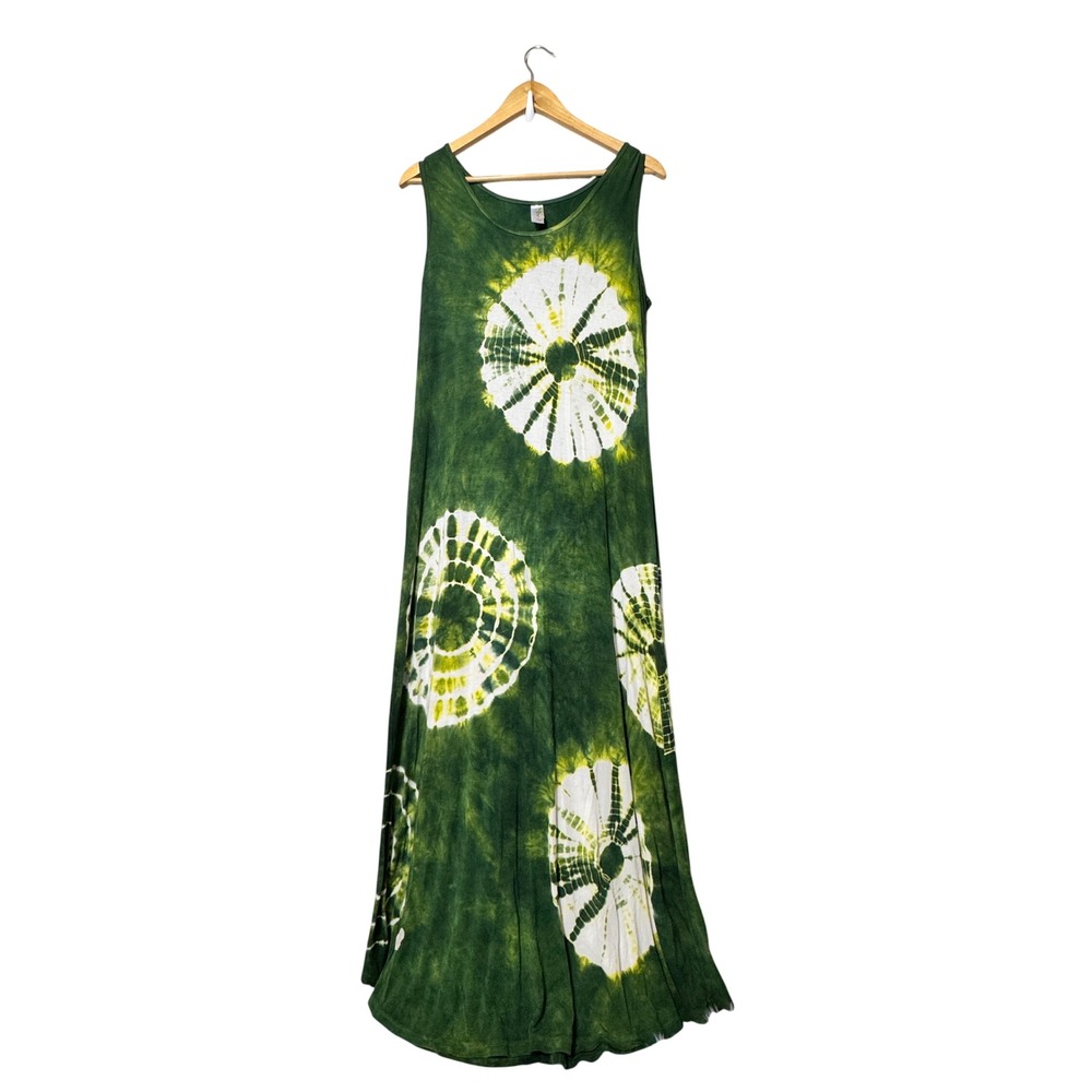 Indig Boutique Green Tie Dye Sunburst Maxi Dress Sleeveless Boho Festival Tank